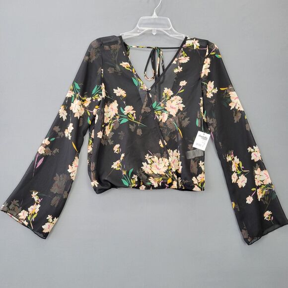 Charlotte Russe Black Floral Shirt NEW Long Sleeves Sheer Crop Blouse Women's S - Picture 2 of 9